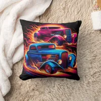 Vintage hot rods racing under a fiery sunset throw pillow