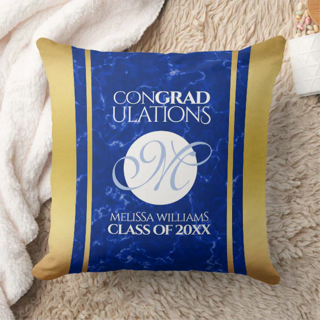 Elegant Graduation Monogram Blue Marble Gold Foil Throw Pillow