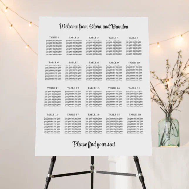 Stylish 20 Table Wedding Seating Chart Foam Board