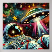 Astronaut Floating in Space with a UFO Ai  Art Poster