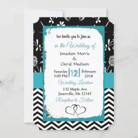 Black & Blue Floral Hearts Wedding Invitation