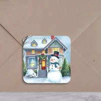 Cute Whimsical Snowman in the Front Yard Christmas Square Sticker