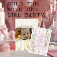 Wildflower Wild One Boho Girl Photo 1st Birthday Foil Invitation