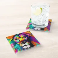 Colorful Lion Digital Art Glass Coaster