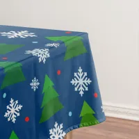 Christmas tree forest, snowflakes and red blue dot tablecloth