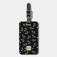 Elegant Floral Black and Gold Shiny Monogram Luggage Tag