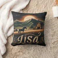 Sunset Over Farm With Horse and Barns in Mountains Throw Pillow