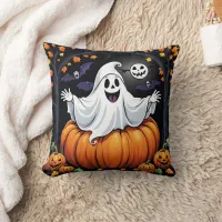 Friendly ghost celebrating Halloween in a pumpkin Throw Pillow