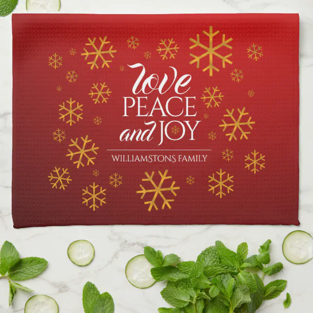 Festive Red Love, Peace, and Joy with Snowflakes Kitchen Towel
