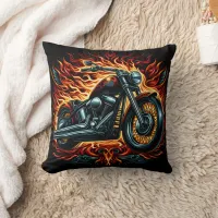 Fierce motorcycle with flames during sunset ride throw pillow