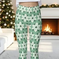 Green and White Poinsettia Pattern Christmas  Leggings