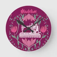 Vintage Sewing Machine:Floral Fuchsia Personalized Round Clock