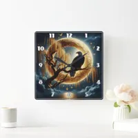 Eagle Perched on Branch Under a Full Moon Square Wall Clock