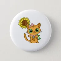 Cute Kawaii Cat Holding Flower Button