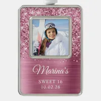 Glittery Pink Foil Sweet 16 Photo Christmas Ornament