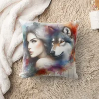 Native American Woman Captivated By A Wolf Spirit Throw Pillow