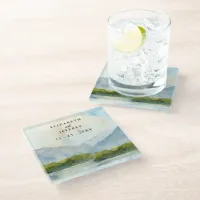 Rustic Watercolor Mountains Lake Winter Wedding  Glass Coaster