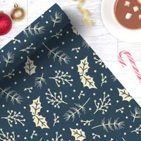 Navy Blue Floral Foliage Botanical Christmas  Wrapping Paper