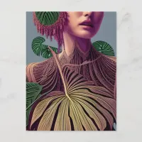 Woman in Monstera Deliciosa Leaves Postcard