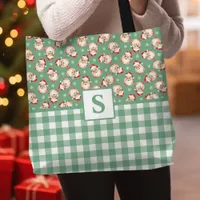 Vintage Santa Green Gingham Monogrammed Christmas Tote Bag