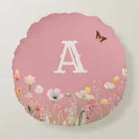 Pretty Colors Watercolor Wildflowers and Monogram Round Pillow