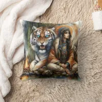 Native American Woman by River Tiger Throw Pillow