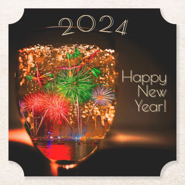 2024 wishes with fireworks and bubbles paper coaster