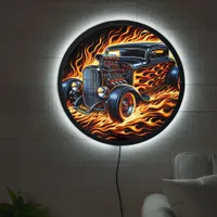 Vintage hotrod blazing through flames at sunset LED sign