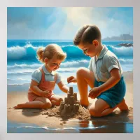 A Little Girl and Boy Building a Sandcastle   Poster