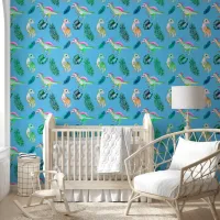 Cute Dinosaurs & Greenery Blue Nursery Wallpaper