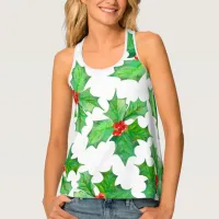 Holly Leaves, Berries, Red, Green Floral Christmas Tank Top