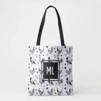 Monogrammed Cute Black and White Cartoon Chickens Tote Bag