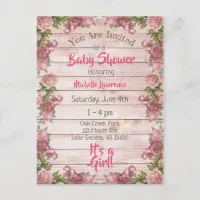 Vintage Magenta Roses Distressed Wood Baby Shower Postcard