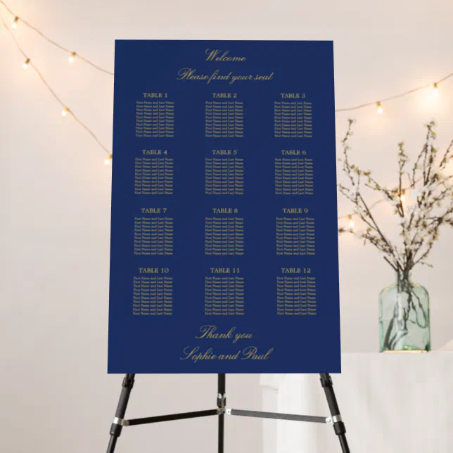 Navy Blue Golden Beige 12 Table Seating Chart Foam Board