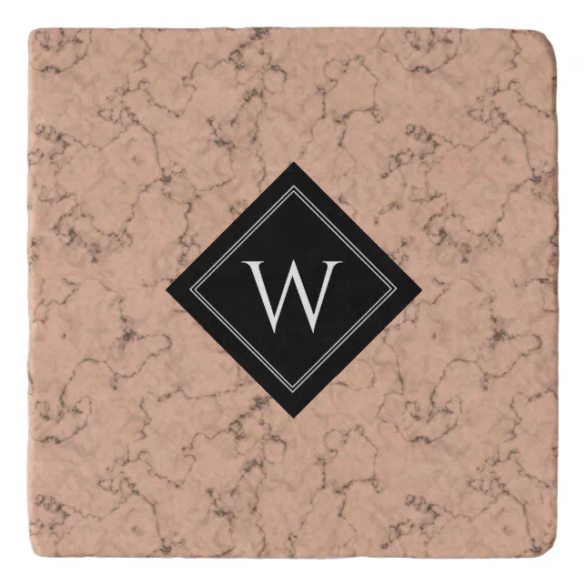 Elegant Pink Marble with Black Veins Monogram Trivet