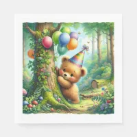 Cute Watercolor Cartoon Baby Bear Cub Birthday Napkins