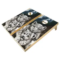 Mother Snow Leopard and Cub in the Mountains Cornhole Set