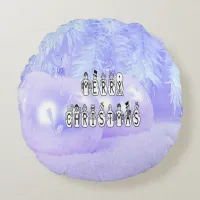 Merry Christmas Snow People Font, Blue Tint Snow Round Pillow