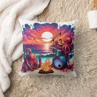 Octopuses Playing Music by the Sunset Beach Throw Pillow