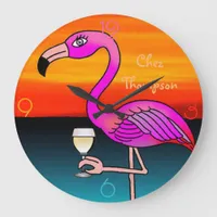 Wine drinking pink Flamingo personalized Large Clock