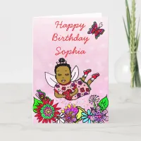 Whimsical Folk Art Fairy Girl Happy Birthday Card