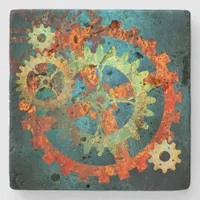 Steampunk Verdigris Rusty Cogwheel Stone Coaster