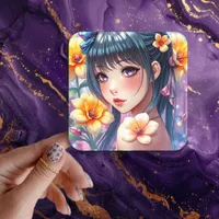 Pretty Anime Girl with Purple Eyes  Square Sticker