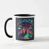 Neon UFO and Alien Scene Psychedelic Art Mug