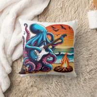 Octopus Playing Guitar by the Beach at Sunset Throw Pillow