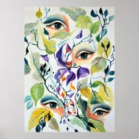 Handpainted Elegant Feminine Eyes Colorful Leaves  Poster