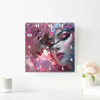 Ethereal Faces Adorned in Colorful Floral Designs Square Wall Clock