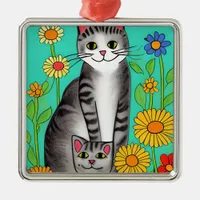 Whimsical Folk Art Gray Cat and Kitten Metal Ornament