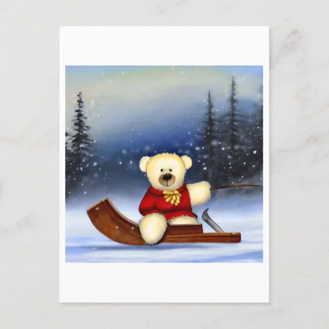 Bear on a sledge in the snow postcard