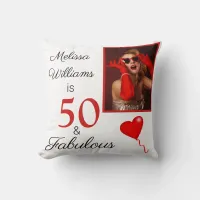 50 and Fabulous Name and Photo Red 50th Birthday Throw Pillow